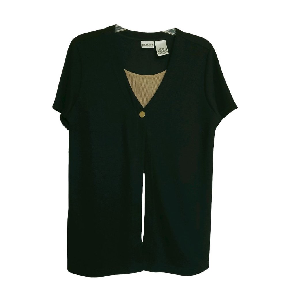 Liz Baker Essentials Knit Top Black & Tan Layered Look Size Large